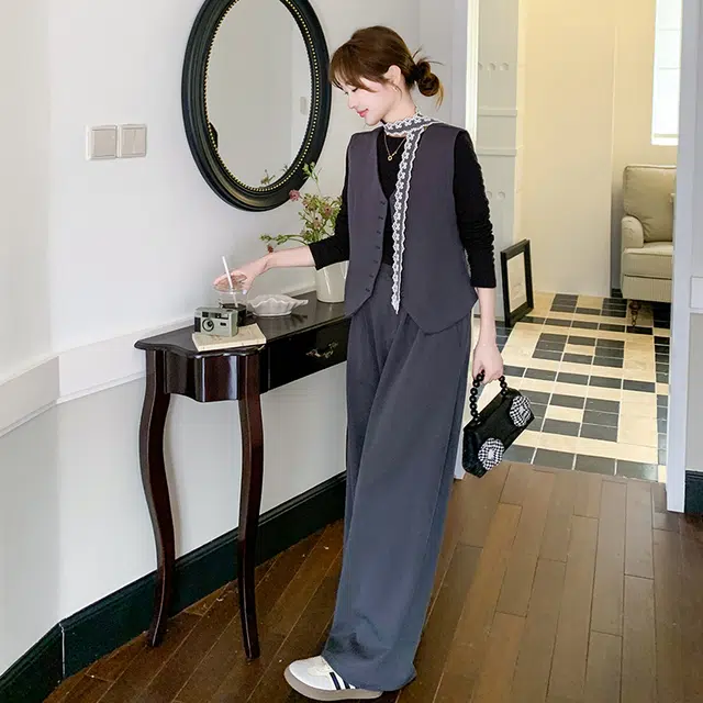 袋鼠 御姐蕾丝飘带西装马甲阔腿裤打底衫三件套休闲套装 女款
