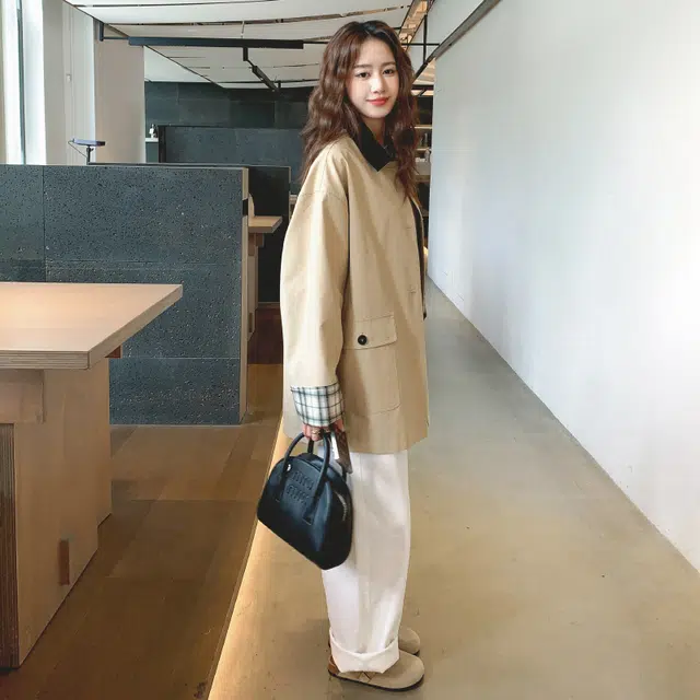 袋鼠 格子拼接中长款外套女秋季宽松百搭上衣风衣 女款