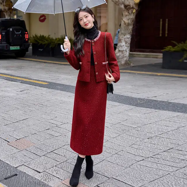 袋鼠 法式小香风轻奢高级感气质名媛上衣半身裙两件套结婚订婚小礼服裙装套装 女款