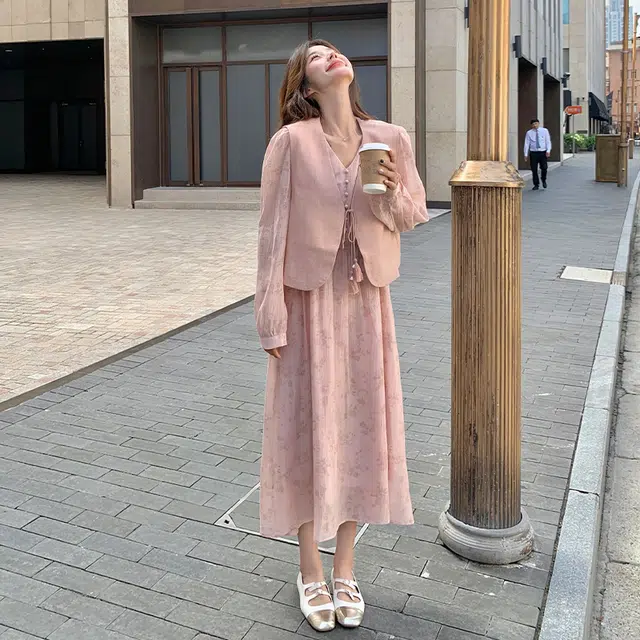 袋鼠 甜美流苏马甲温柔穿搭印花长裙显瘦气质两件套裙装套装 女款