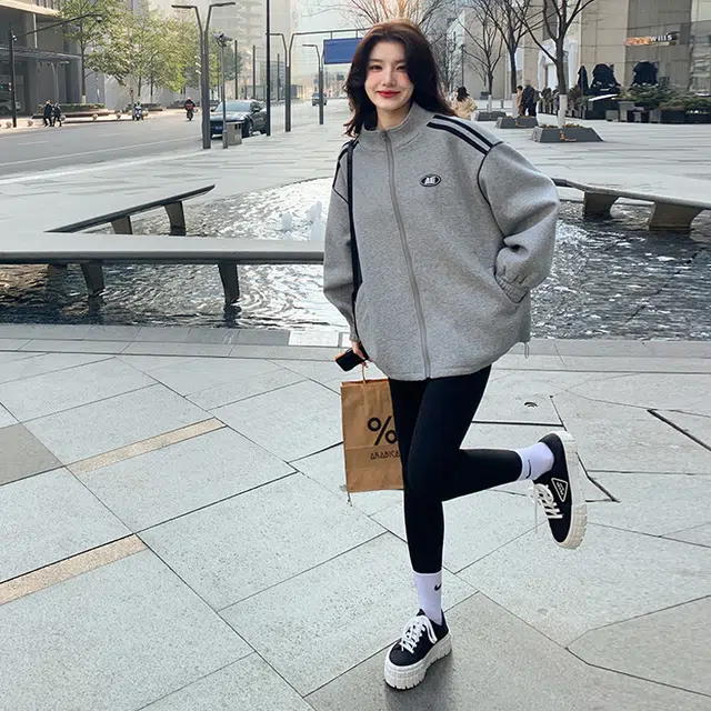袋鼠 美式运动休闲宽松立领拉链卫衣开衫棒球服 女款