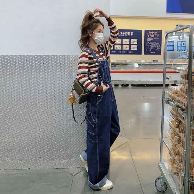 袋鼠 多巴胺条纹打底衫背带裤韩系减龄两件套时尚穿搭休闲套装 女款