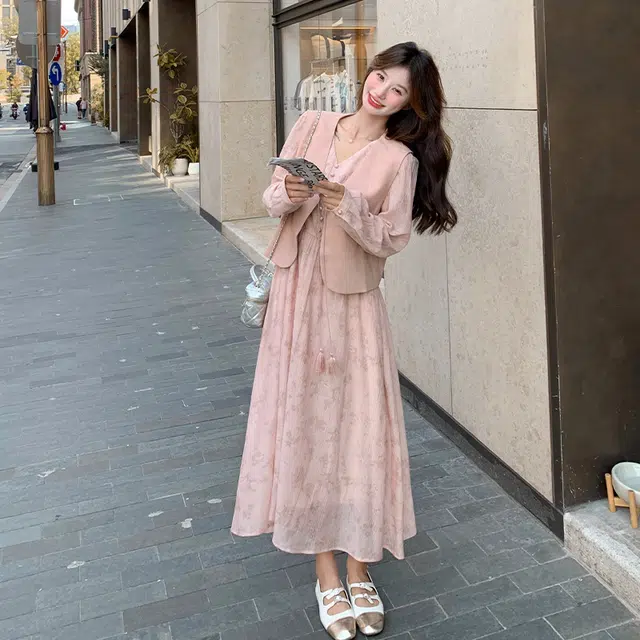 袋鼠 甜美流苏马甲温柔穿搭印花长裙显瘦气质两件套裙装套装 女款