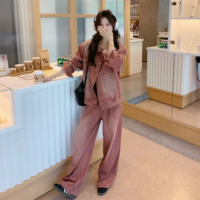 袋鼠 美式复古设计感牛仔高级感外套阔腿裤两件套休闲套装 女款