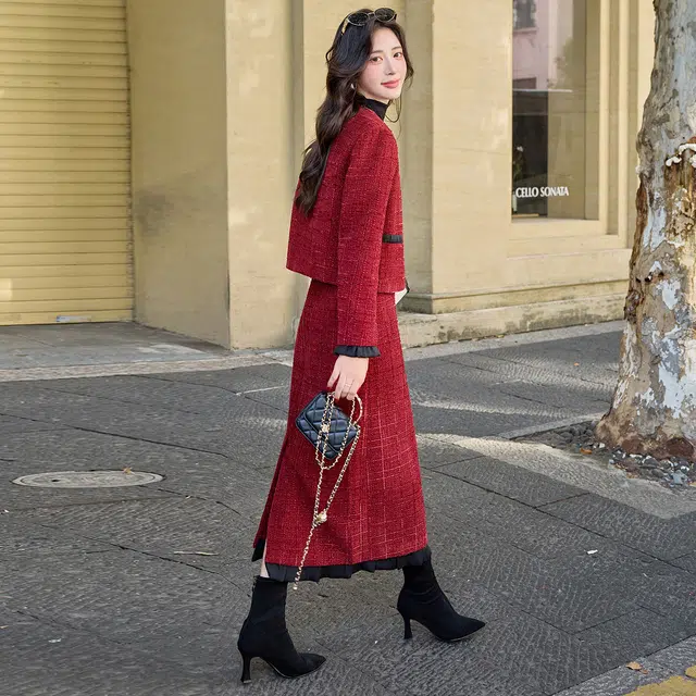 袋鼠 小香风高级感气质名媛呢子外套半身裙两件套裙装套装 女款