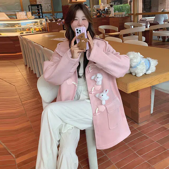 袋鼠 牛角扣连帽中长款学院风小个子外套大衣 女款