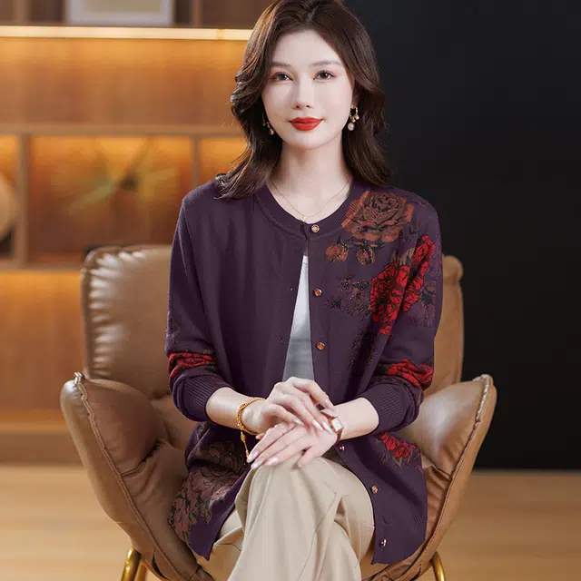 袋鼠 时尚气质百搭宽松显瘦圆领国风质感印花开衫针织衫 女款