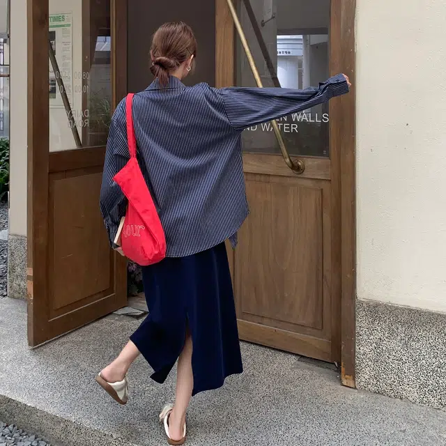 袋鼠 减龄条纹衬衫半身裙女春秋松弛感清纯系三件套俏皮活泼巨好看裙装套装 女款