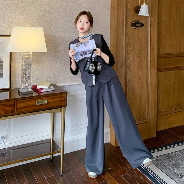 袋鼠 御姐蕾丝飘带西装马甲阔腿裤打底衫三件套休闲套装 女款