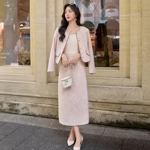 袋鼠 时尚气质休闲高级感显瘦减龄韩版小香名媛风羊毛外套半身裙两件套裙装套装 女款