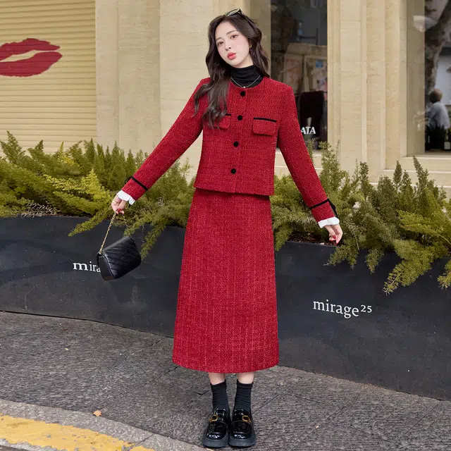 袋鼠 小香风白鸭绒外套轻奢高级感名媛裙子两件套裙装套装 女款