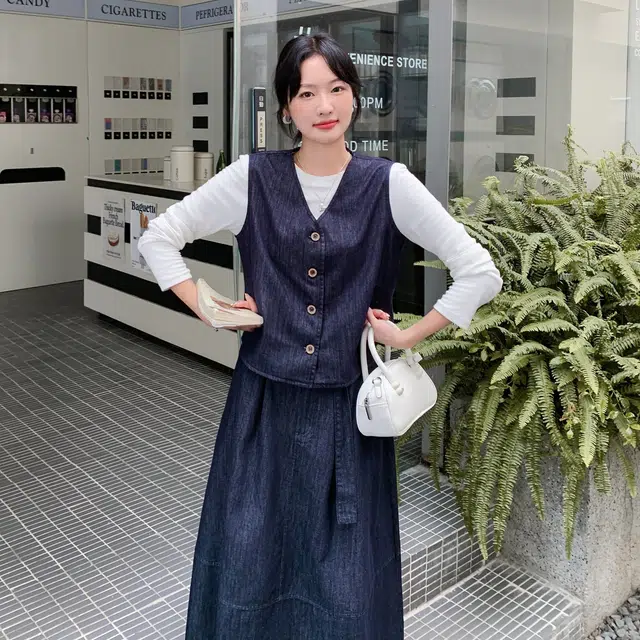 袋鼠 条纹披肩牛仔马甲半身裙三件套裙装套装 女款