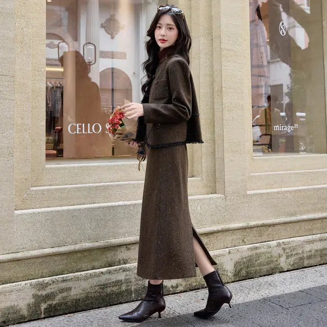 袋鼠 轻奢小香风高级感气质名媛毛呢流苏上衣半身裙两件套裙装套装 女款