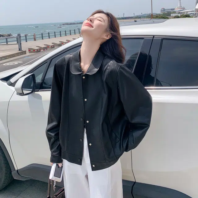 袋鼠 美式复古休闲时尚翻领机车范夹克皮衣外套 女款