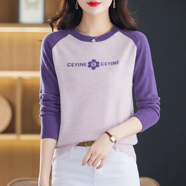 袋鼠 亲肤柔软简约时尚圆领撞色长袖打底羊毛针织衫 女款