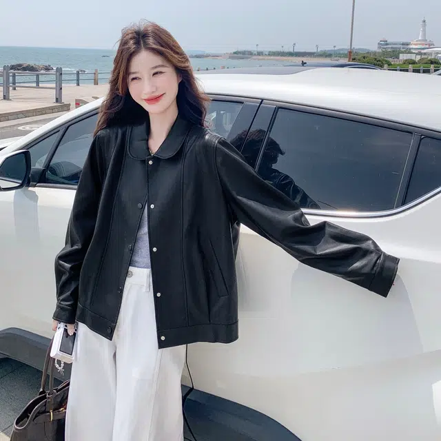 袋鼠 美式复古休闲时尚翻领机车范夹克皮衣外套 女款