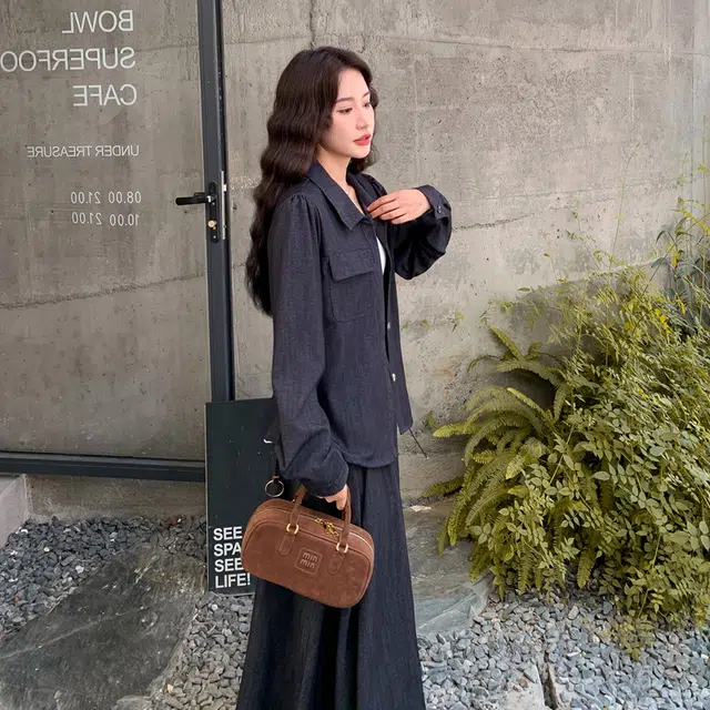 袋鼠 复古轻熟风收腰显瘦衬衫牛仔半身裙两件套裙装套装 女款