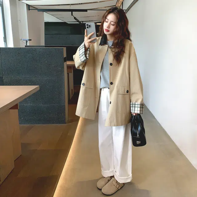 袋鼠 格子拼接中长款外套女秋季宽松百搭上衣风衣 女款