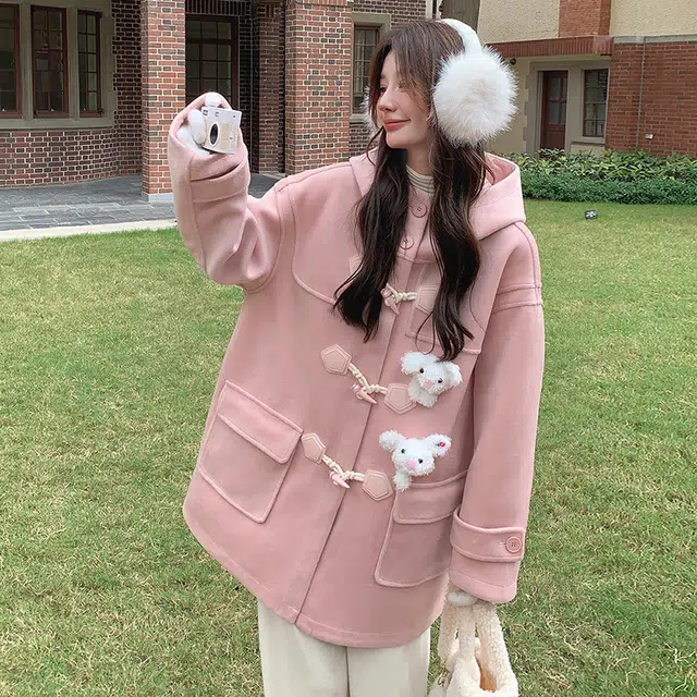 袋鼠 牛角扣连帽中长款学院风小个子外套大衣 女款