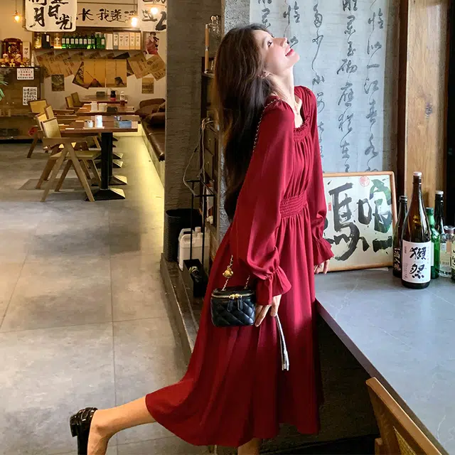 袋鼠 礼服法式复古气质温柔浪漫显瘦超仙长裙长袖连衣裙 女款