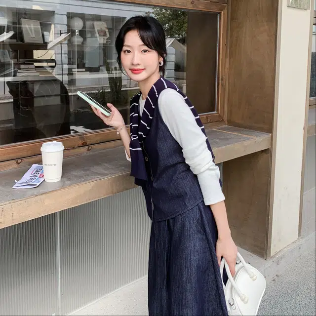 袋鼠 条纹披肩牛仔马甲半身裙三件套裙装套装 女款