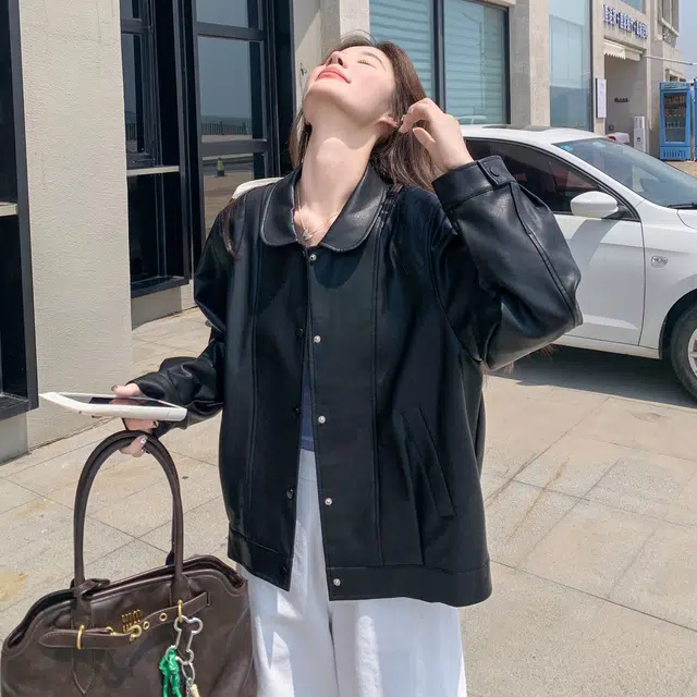 袋鼠 美式复古休闲时尚翻领机车范夹克皮衣外套 女款