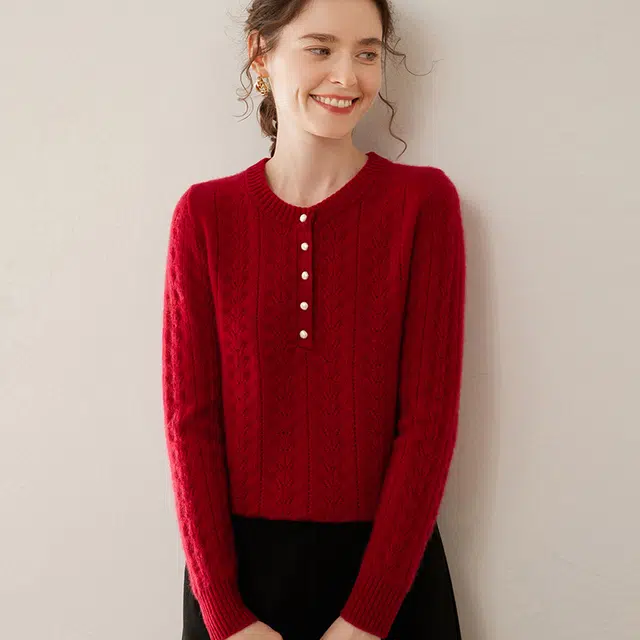 袋鼠 时尚优雅气质圆领纯色套头质感纹路打底羊绒衫 女款