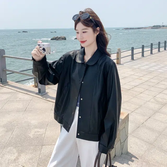 袋鼠 美式复古休闲时尚翻领机车范夹克皮衣外套 女款