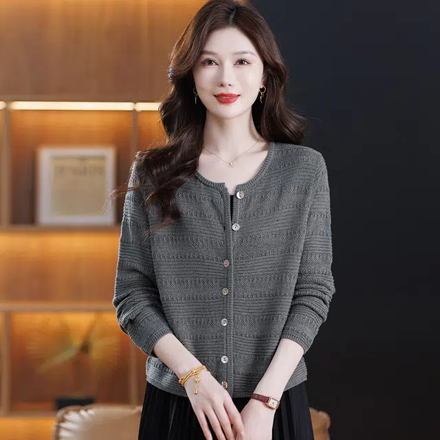 袋鼠 时尚百搭宽松洋气质感纹路透气圆领羊毛开衫针织衫 女款