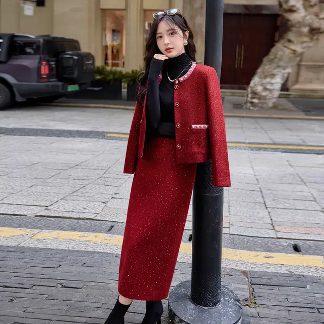 袋鼠 法式小香风轻奢高级感气质名媛上衣半身裙两件套结婚订婚小礼服裙装套装 女款