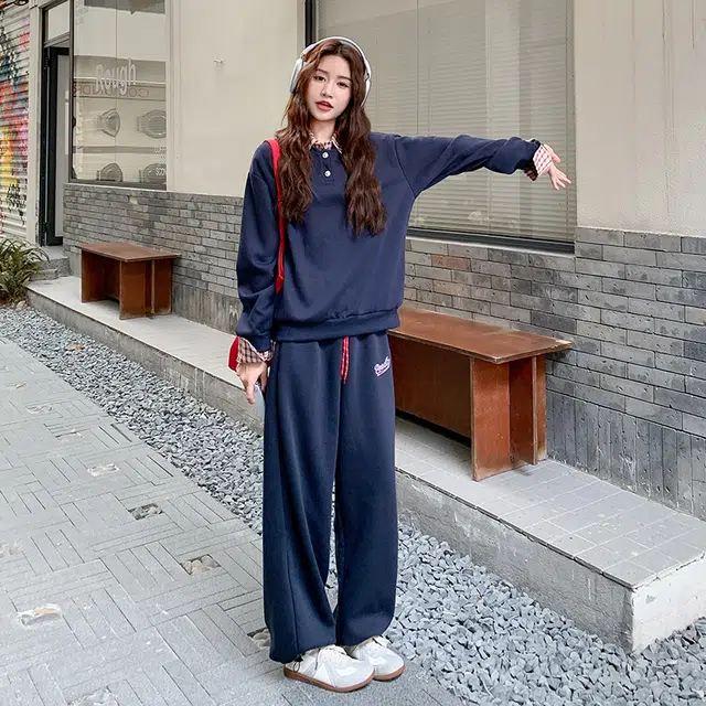 袋鼠 韩系格纹美式复古学院风拼接卫衣宽松显瘦阔腿裤两件套休闲套装 女款