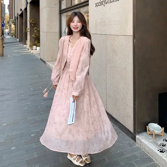 袋鼠 甜美流苏马甲温柔穿搭印花长裙显瘦气质两件套裙装套装 女款
