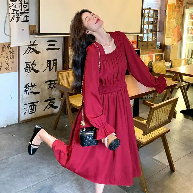 袋鼠 礼服法式复古气质温柔浪漫显瘦超仙长裙长袖连衣裙 女款