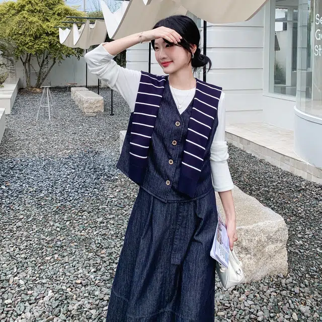 袋鼠 条纹披肩牛仔马甲半身裙三件套裙装套装 女款