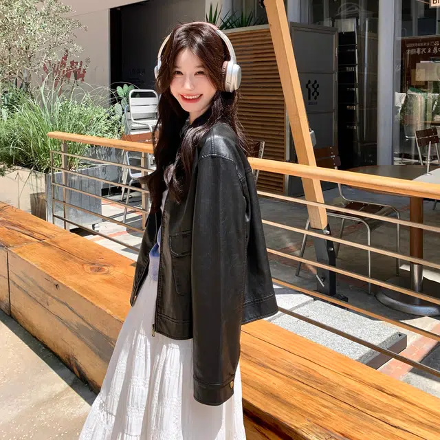 袋鼠 时尚减龄洋气短款韩系甜酷夹克上衣外套皮衣 女款