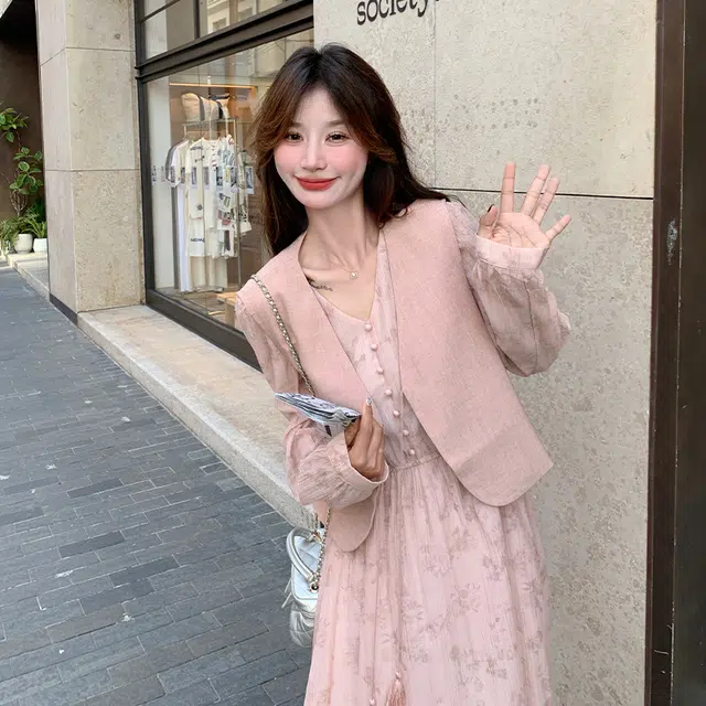 袋鼠 甜美流苏马甲温柔穿搭印花长裙显瘦气质两件套裙装套装 女款
