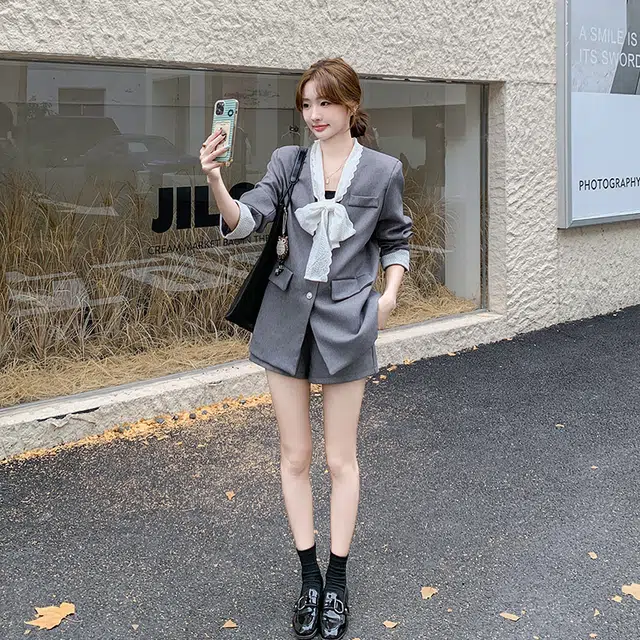 袋鼠 蕾丝系带上衣时尚韩系通勤职业短裤两件套西装套装 女款
