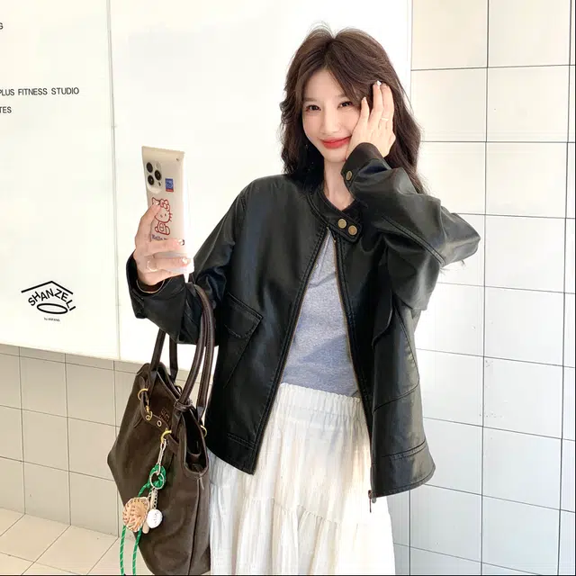 袋鼠 时尚减龄洋气短款韩系甜酷夹克上衣外套皮衣 女款