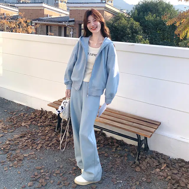 袋鼠 连帽上衣阔腿裤两件套穿搭休闲运动风卫衣套装 女款