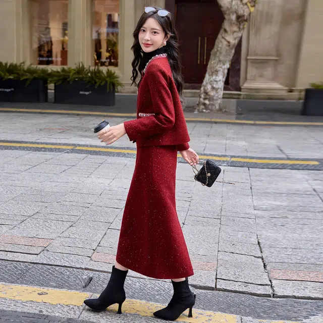 袋鼠 法式小香风轻奢高级感气质名媛上衣半身裙两件套结婚订婚小礼服裙装套装 女款