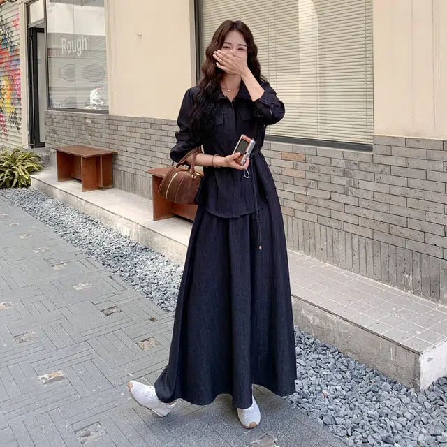 袋鼠 复古轻熟风收腰显瘦衬衫牛仔半身裙两件套裙装套装 女款