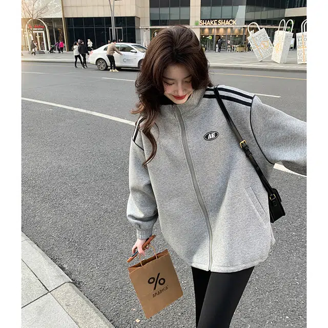 袋鼠 美式运动休闲宽松立领拉链卫衣开衫棒球服 女款