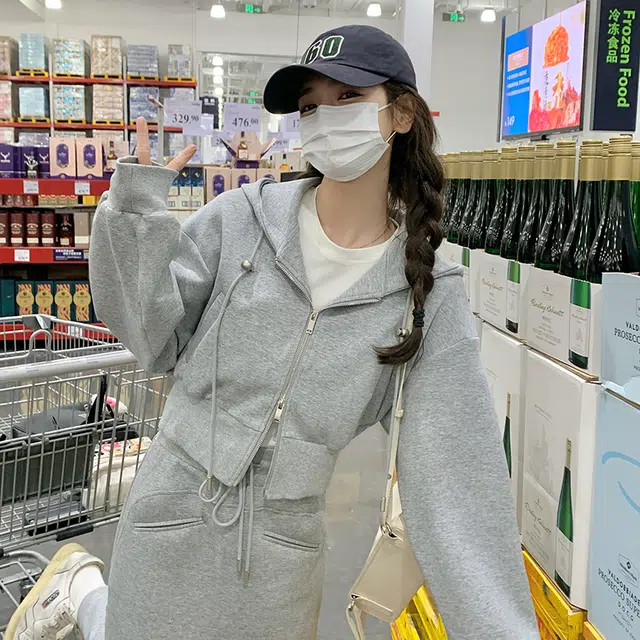 袋鼠 连帽开衫卫衣洋气减龄显瘦穿搭半身裙两件套裙装套装 女款