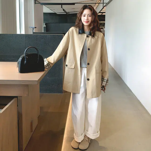 袋鼠 格子拼接中长款外套女秋季宽松百搭上衣风衣 女款