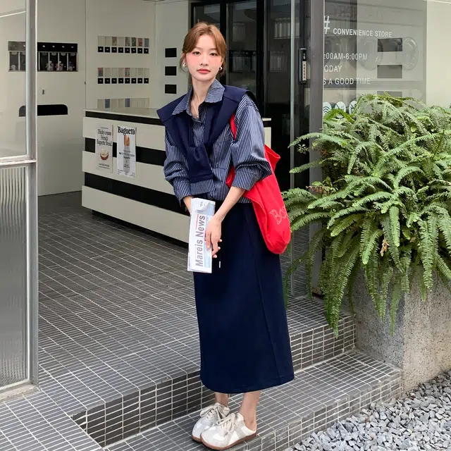 袋鼠 减龄条纹衬衫半身裙女春秋松弛感清纯系三件套俏皮活泼巨好看裙装套装 女款