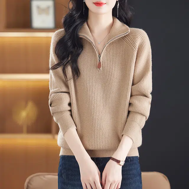 袋鼠 宽松简约减龄翻领质感纹路纯色套头针织衫 女款