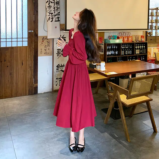 袋鼠 礼服法式复古气质温柔浪漫显瘦超仙长裙长袖连衣裙 女款