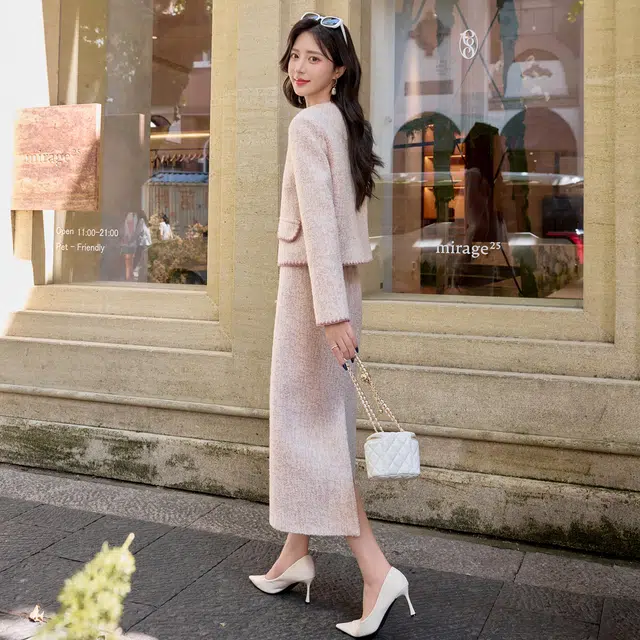 袋鼠 时尚气质休闲高级感显瘦减龄韩版小香名媛风羊毛外套半身裙两件套裙装套装 女款