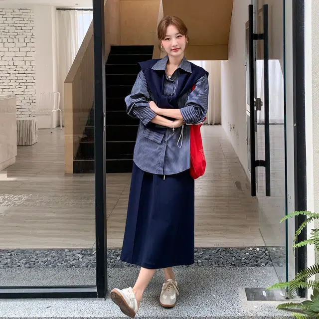 袋鼠 减龄条纹衬衫半身裙女春秋松弛感清纯系三件套俏皮活泼巨好看裙装套装 女款