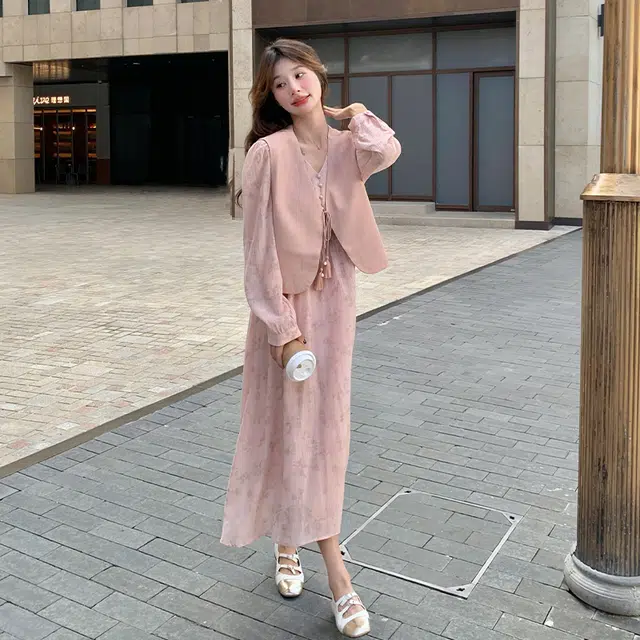 袋鼠 甜美流苏马甲温柔穿搭印花长裙显瘦气质两件套裙装套装 女款